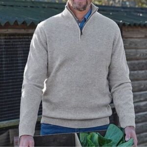 Woolovers 100% British Wool Sweater Men’s Sz M Quarter Zip Jumper Oatmeal Tan